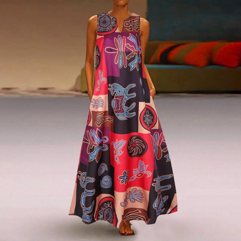 Women's Vintage Printed Cotton Linen Sleeveless Pocket Summer Large Skirts