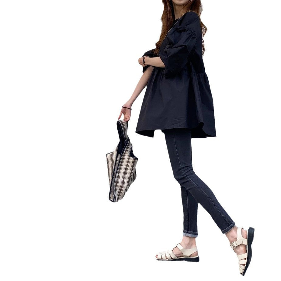 Front Back Wearable Loose Lantern Sleeve Blouse