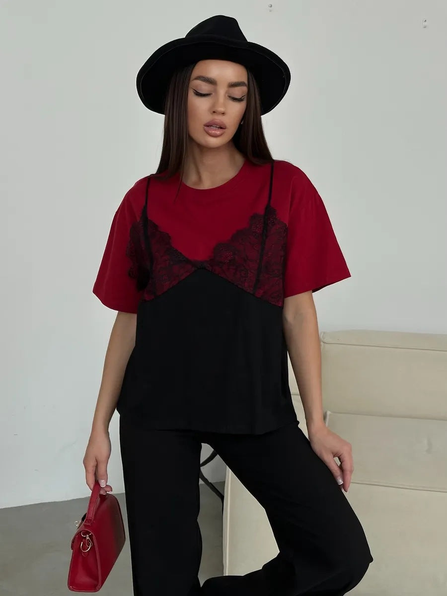 Women's Lace Stitching Loose Basic Style Round Neck Women's T-shirt
