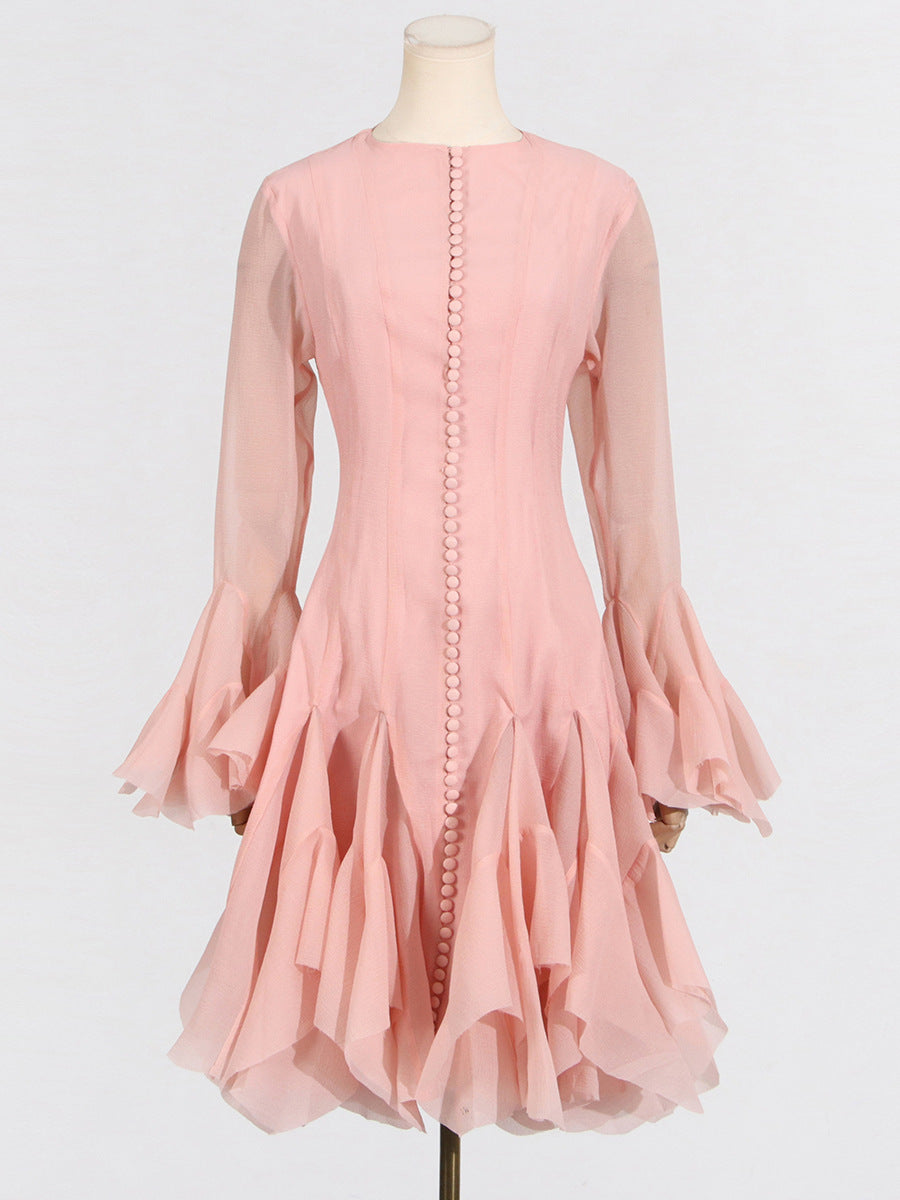 Women's Ruffled For Summer Fashion High Collar Long Sleeve Dress