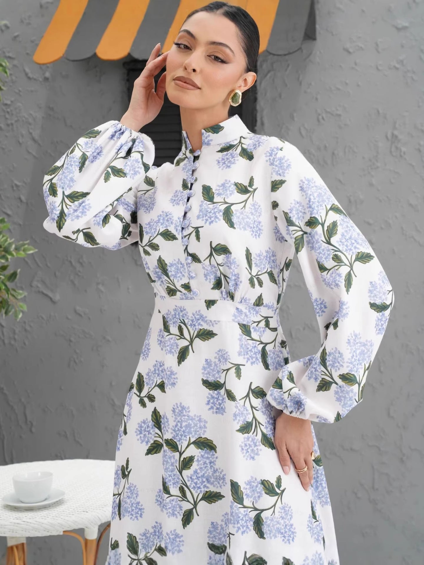 Women's Printed Bag Buckle Shirt Collar Long Dress