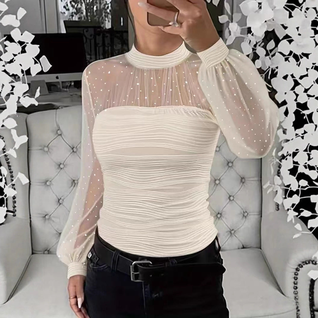 Pearl Mesh Stitching Long Sleeves Base Blouse