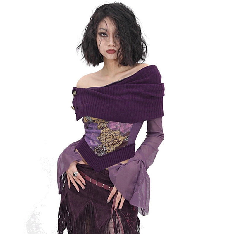 Women's Oblique Shoulder Long Sleeve Printed Stitching Mesh Tops