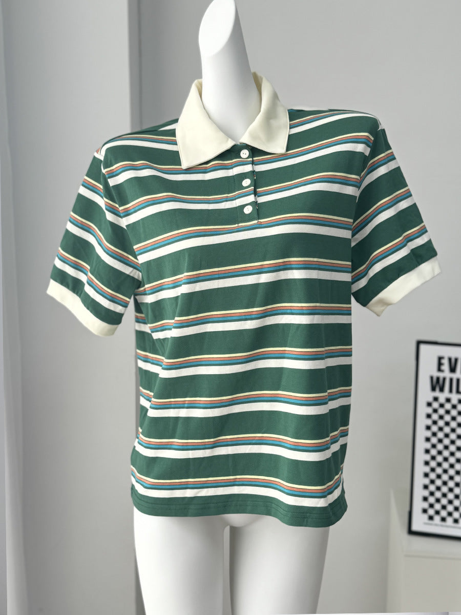 Women's Beauty Retro Contrast Color Striped Shirt Loose Sleeve Women's T-shirt