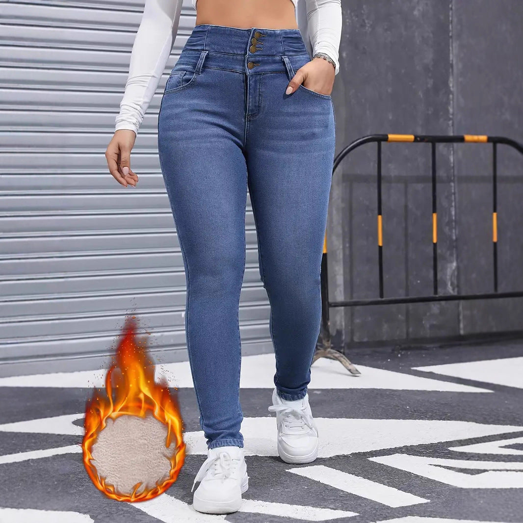 Women's Fleece-lined Elastic Skinny Blue Washed Slim Denim Jeans