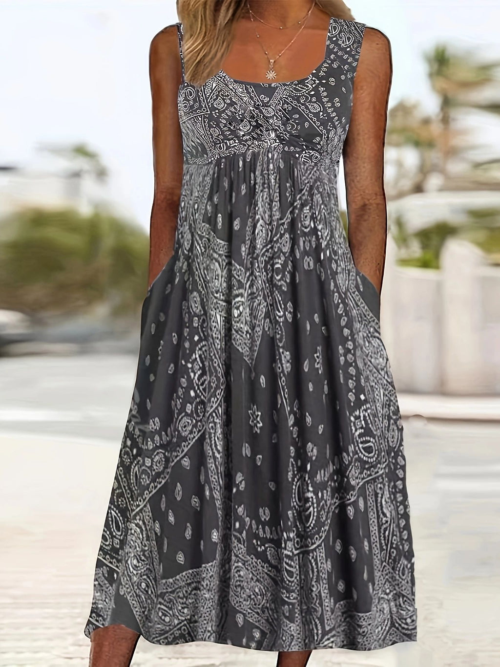 Summer Vintage Loose Vacation Style Round Neck Printed Pocket Dress