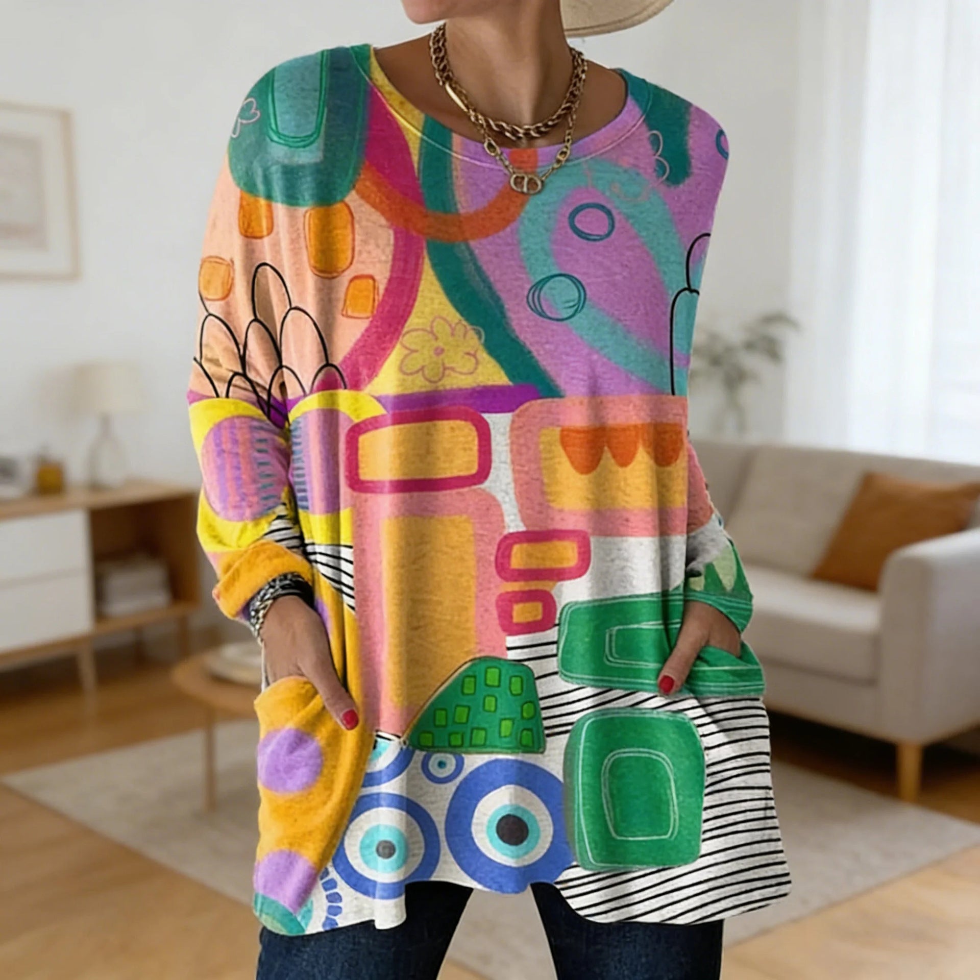 Women's Printed Casual Round Neck Long Sleeve Women's T-shirt