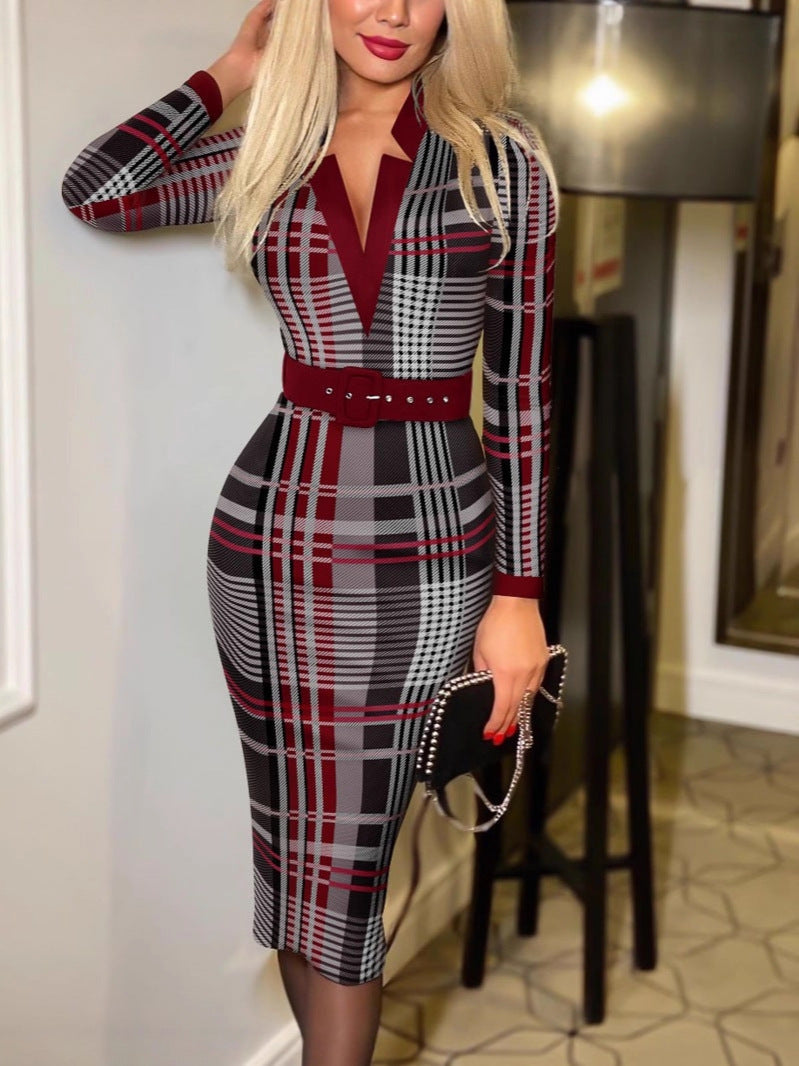 Women's Fashion Plaid Hip Long Sleeve Sexy Dress