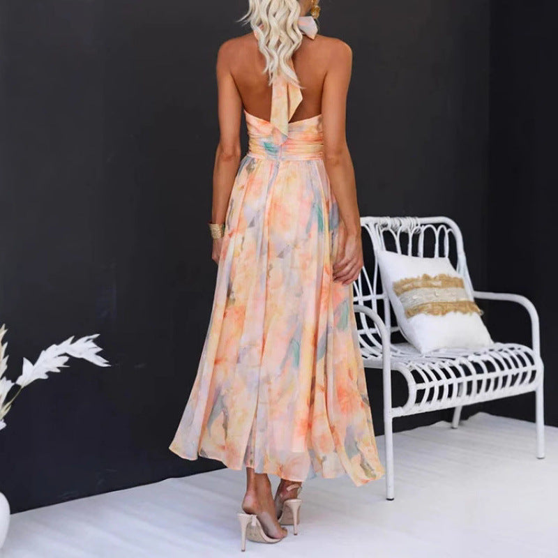 Women's Summer Vacation Style Sleeveless Printed Backless Dress