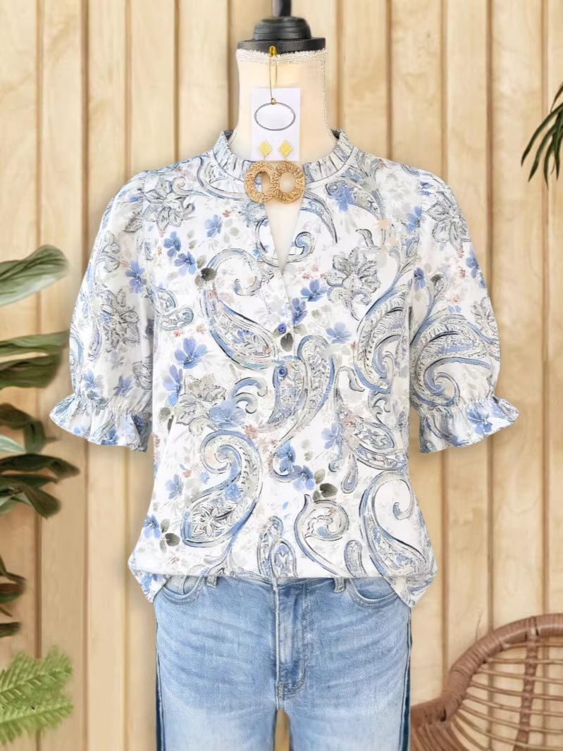 Women's French Style Temperament Wooden Ear Collar Slimming Solid Color Puff Blouse