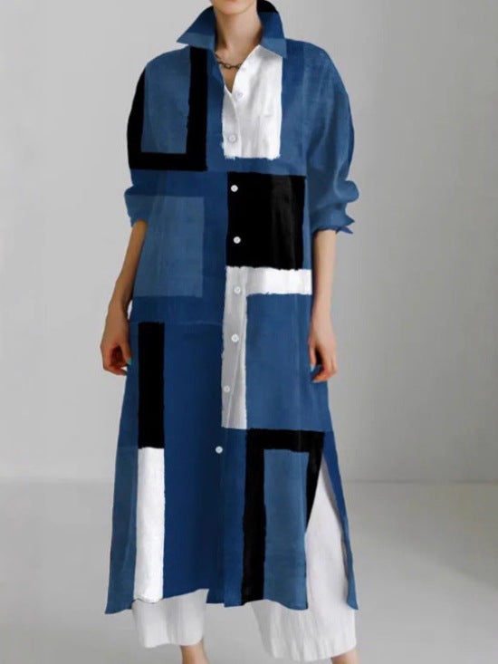 Women's Casual Abstract Printing Long Sleeve Slit Shirt Blouse