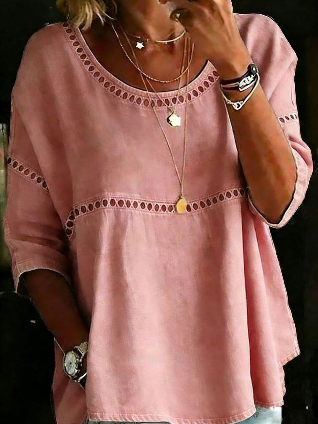 Versatile Casual Hollow Denim Round Neck Tops