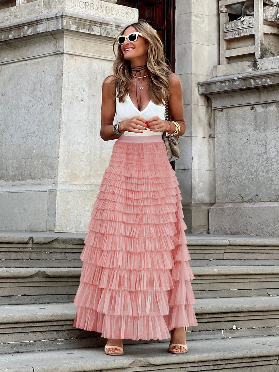 Women's French Style Long Autumn Elegant Solid Color High Waist Net Skirts