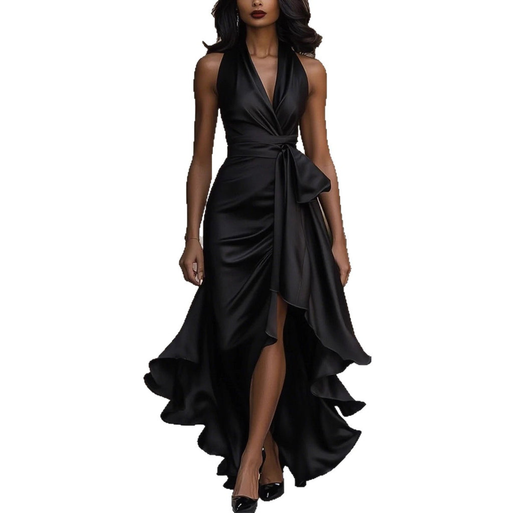 Women's Satin Sleeveless Waist Trimming Ruffles Elegant Dress