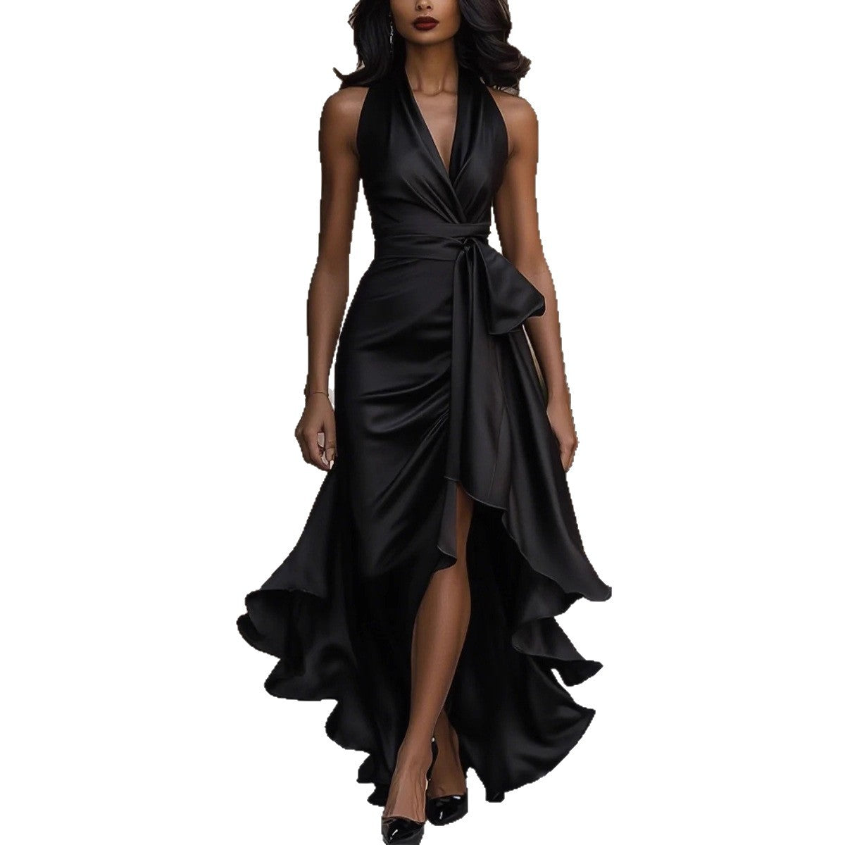 Women's Satin Sleeveless Waist Trimming Ruffles Elegant Dress