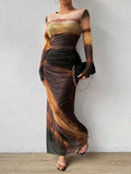 Fashion Mesh Printed Pleated Sexy Tight Round Dress