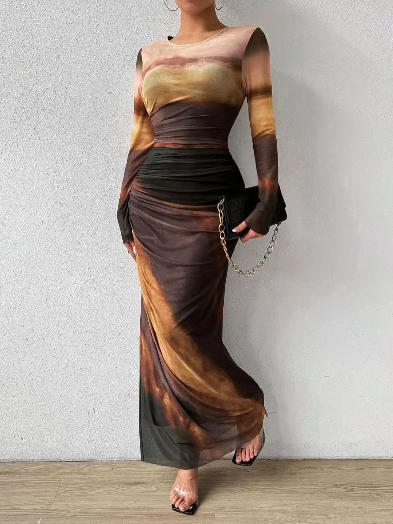Fashion Mesh Printed Pleated Sexy Tight Round Dress