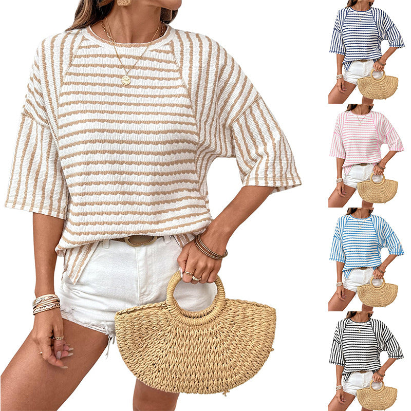 Women's Summer Pullover Simple Striped Half Sleeve Women's T-shirt