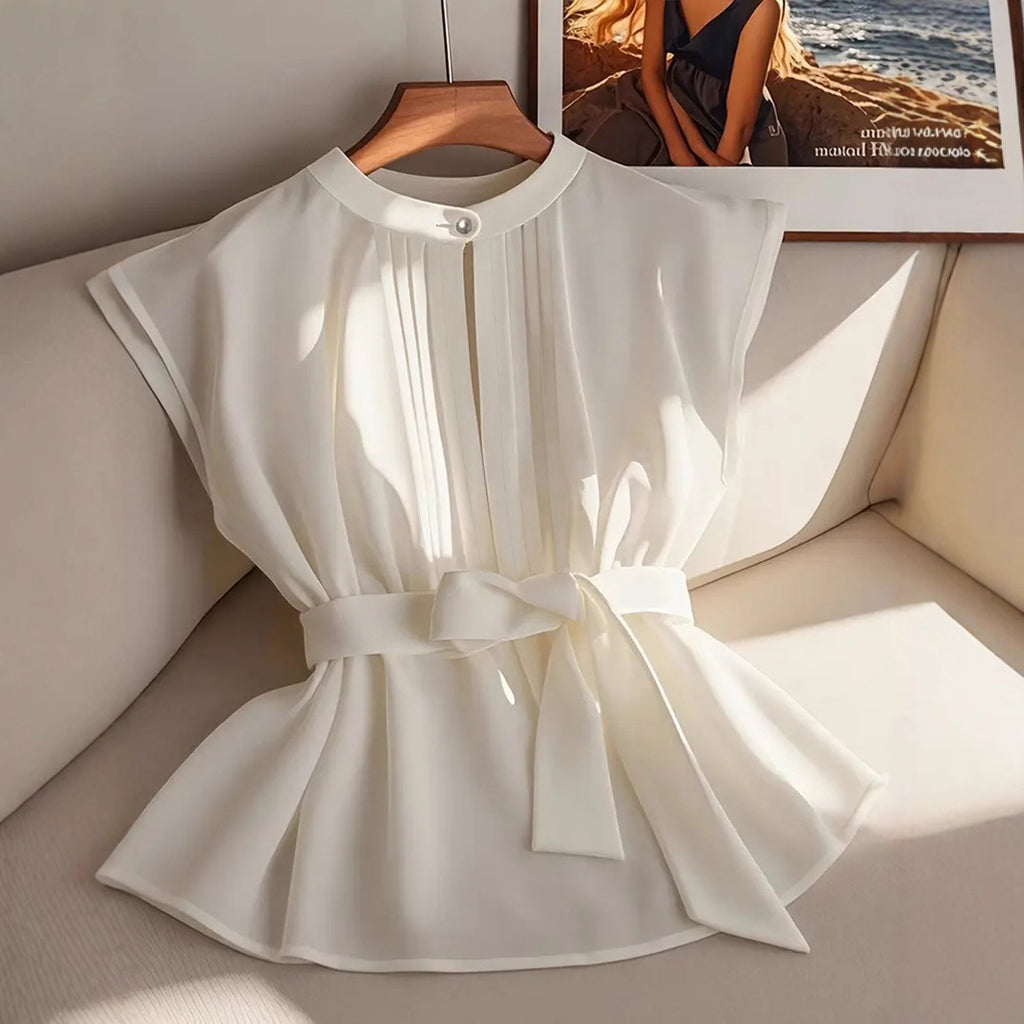 Women's Solid Color Sleeveless With Belt Pleated Blouse