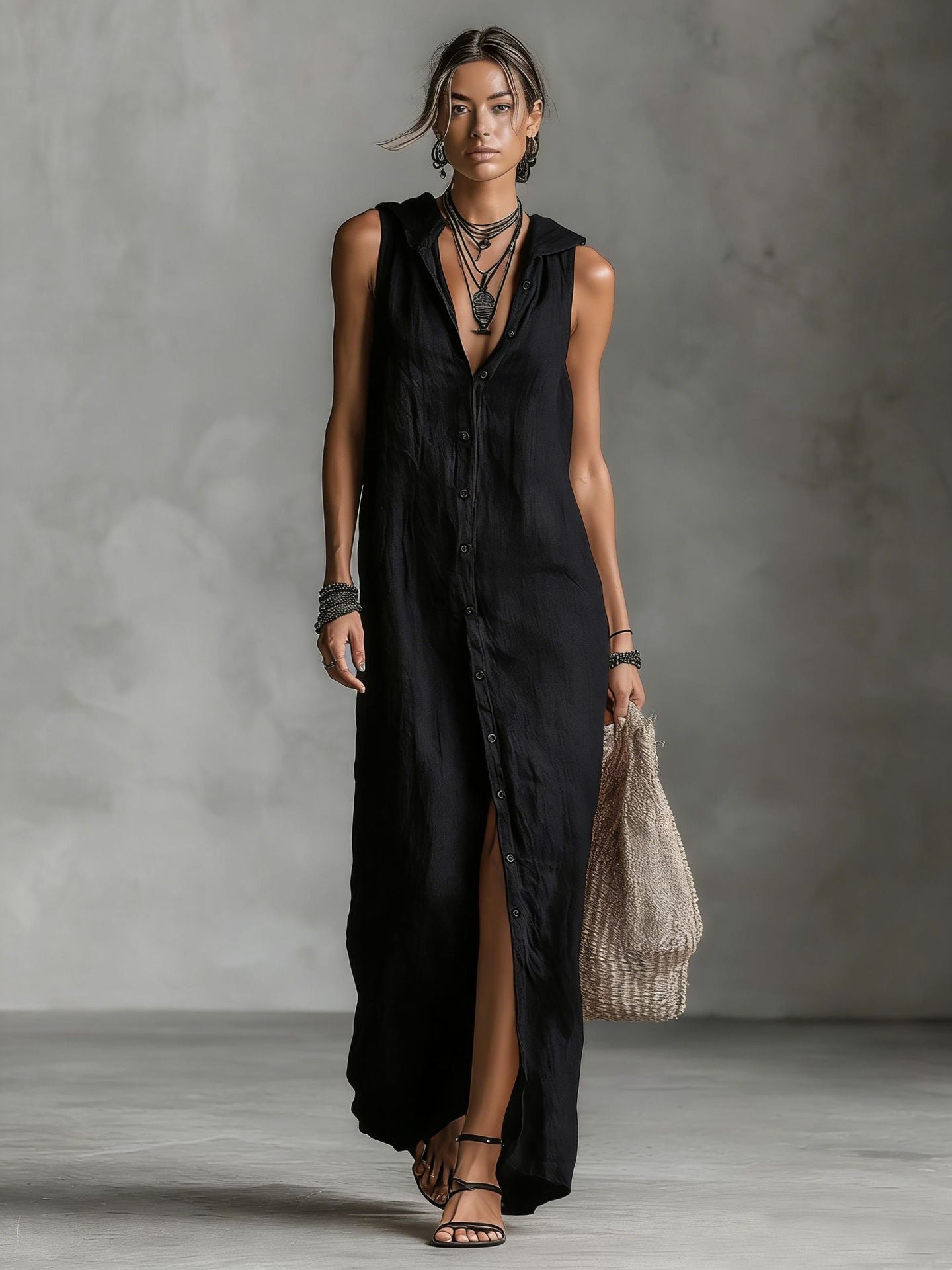 Casual Women's Summer Breasted Sleeveless Hooded Dress