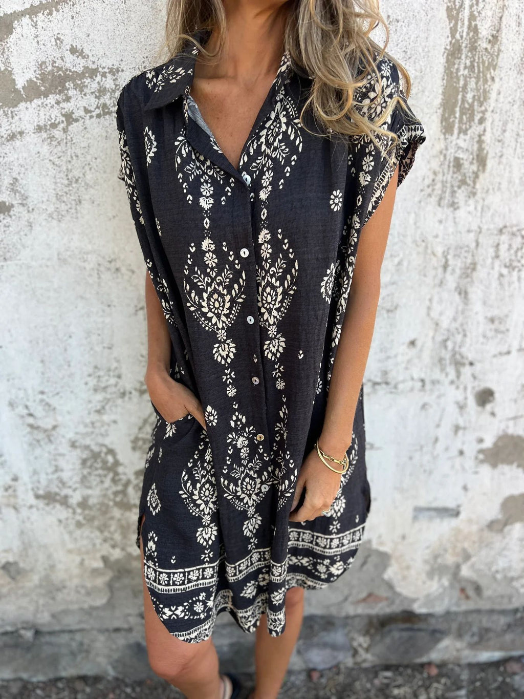 Women's Summer Loose Casual Sleeve Cotton Linen Shirt Pocket Dress