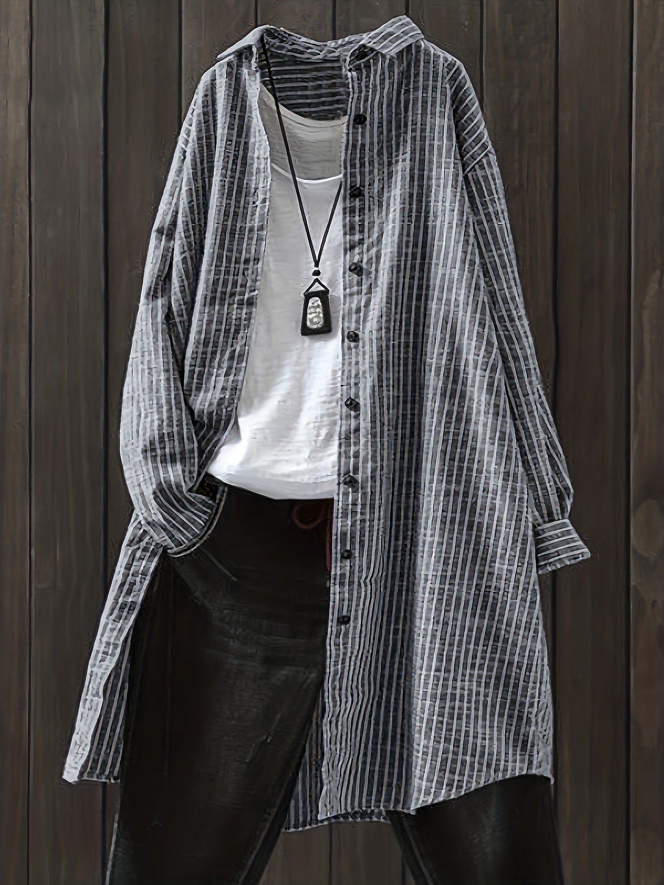 Women's Cotton Linen Striped Mid-length Long Sleeve Blouse