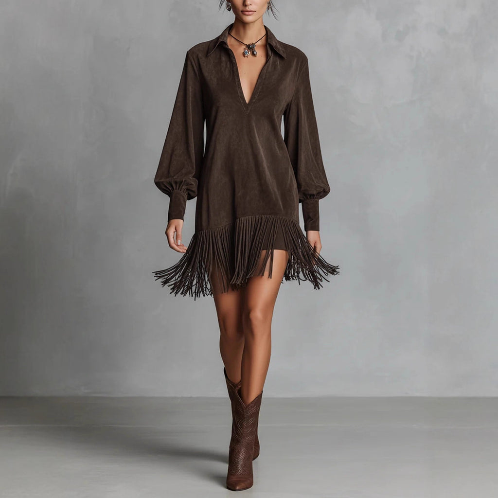 Women's Western Denim Suede Fringed Hem Long-sleeved Dress