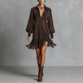 Women's Western Denim Suede Fringed Hem Long-sleeved Dress