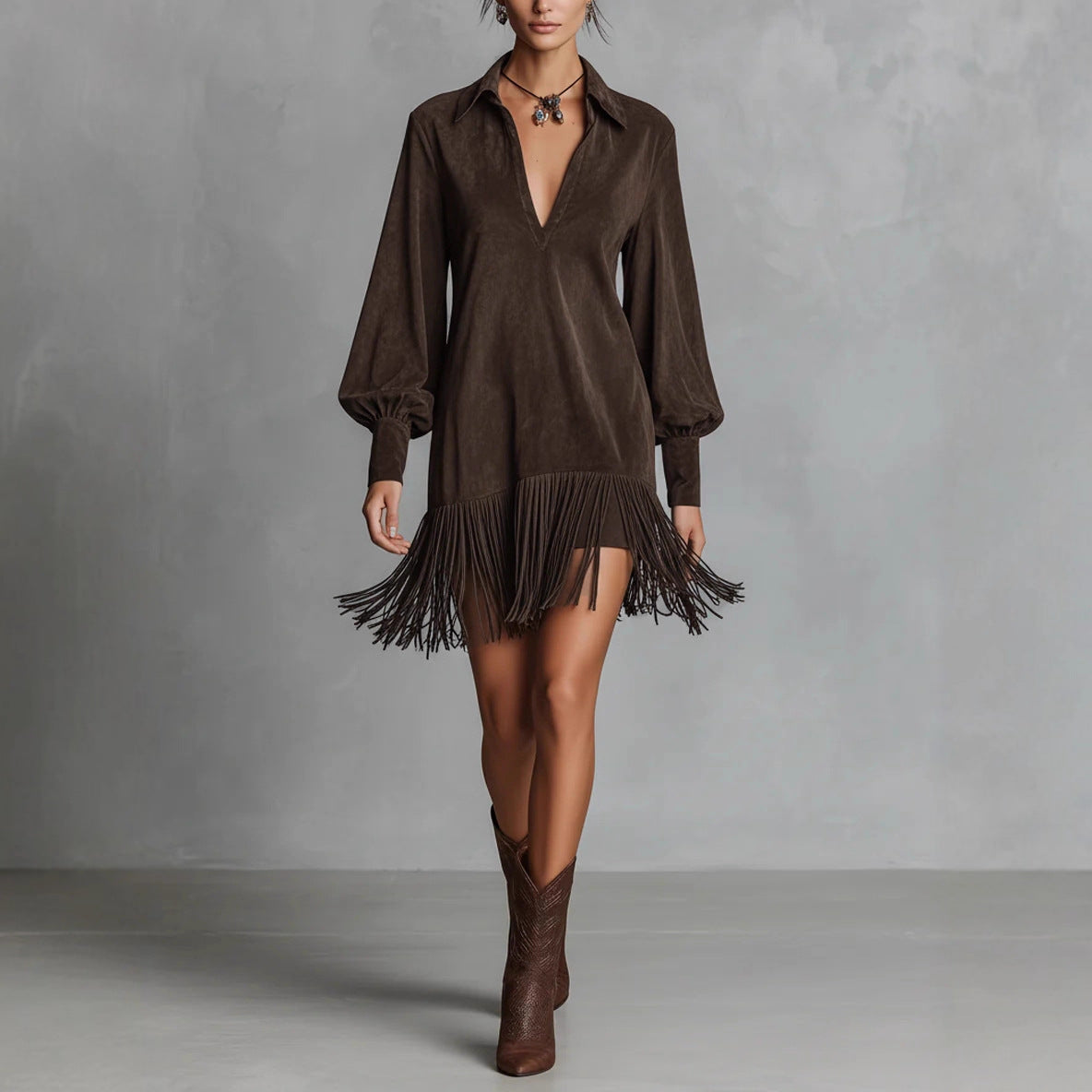 Women's Western Denim Suede Fringed Hem Long-sleeved Dress