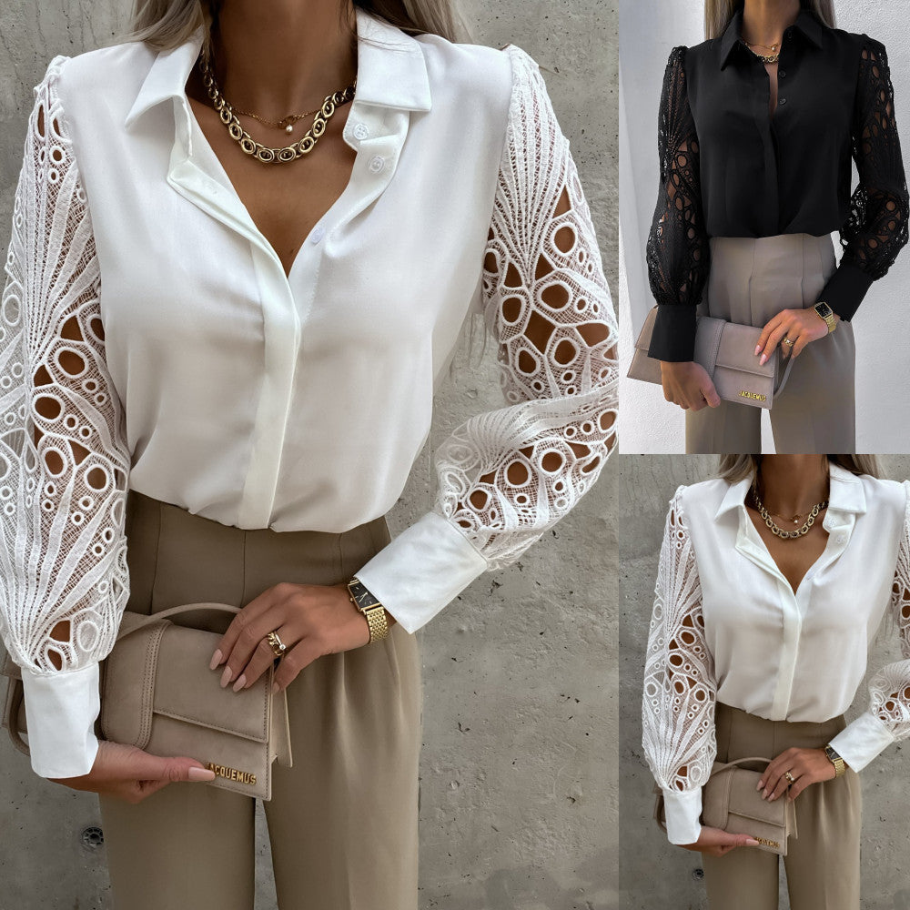Women's Solid Color Lace Stitching Shirt Blouse