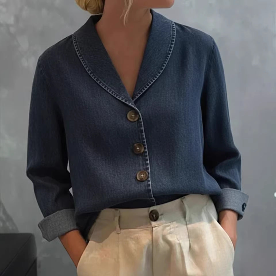 Women's Vintage Shawl Collar Button Denim Cotton Blouse