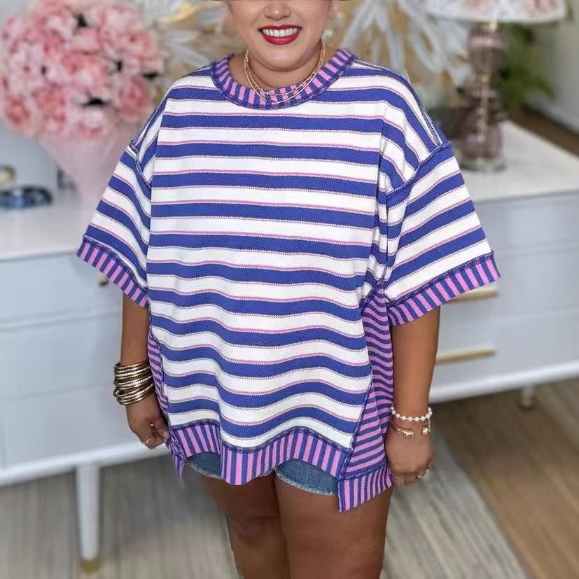 Women's Comfort Casual Loose Striped Printed Sleeve Women's T-shirt