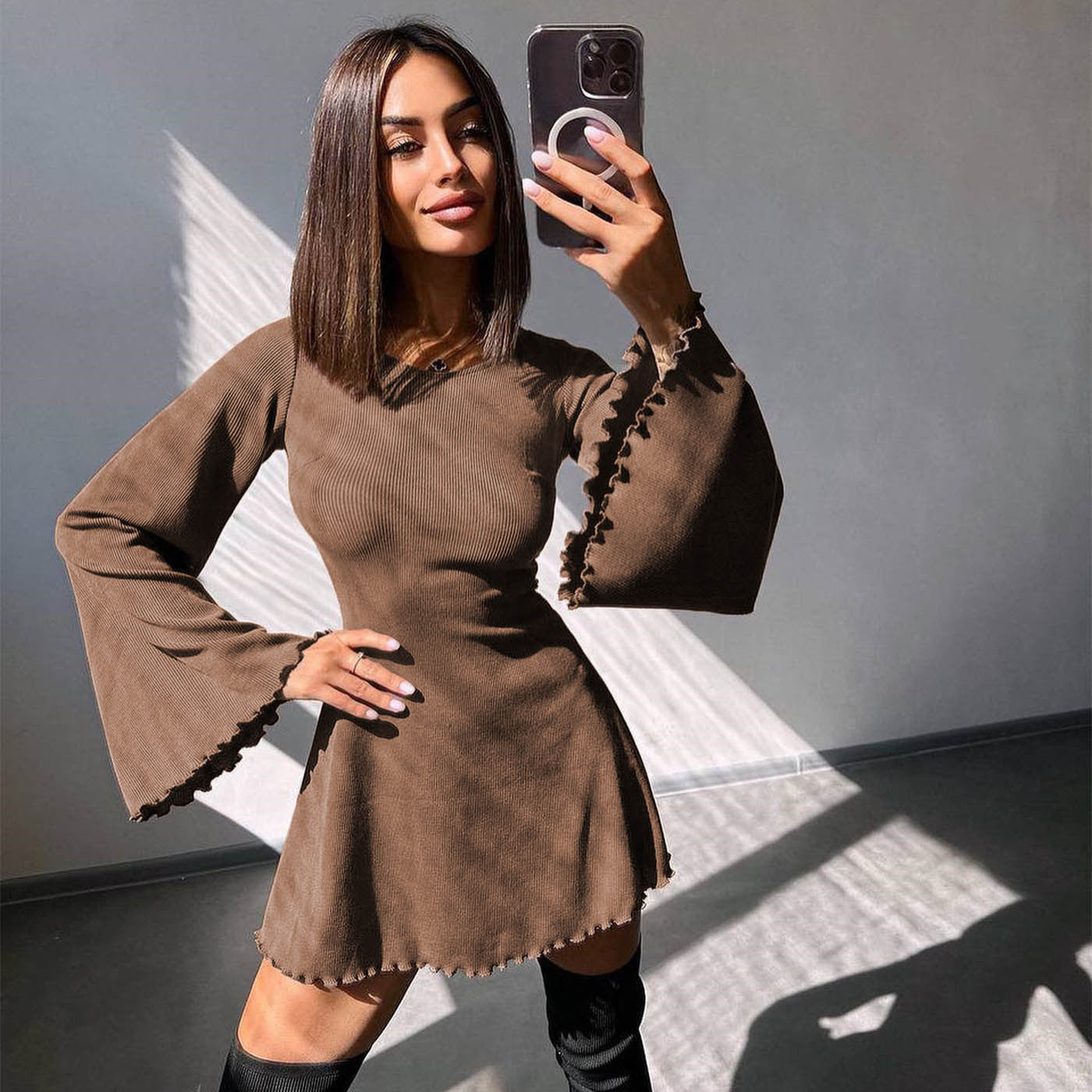Women's Bell Sleeve Round Neck Hollow Out Dress