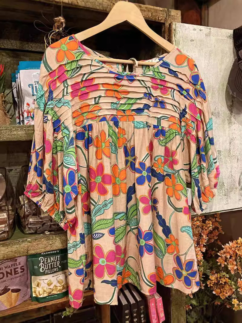 Women's Pleated Round Neck Printed Shirt Blouse