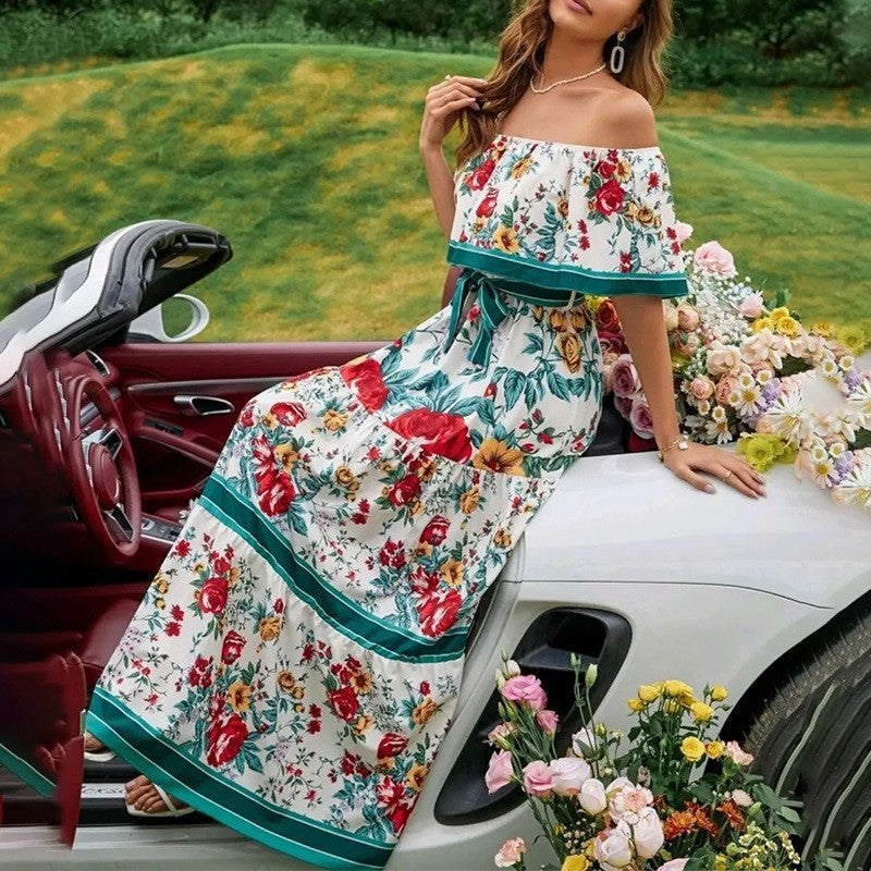 Women's Red Flower Print Long Large Hem Dress