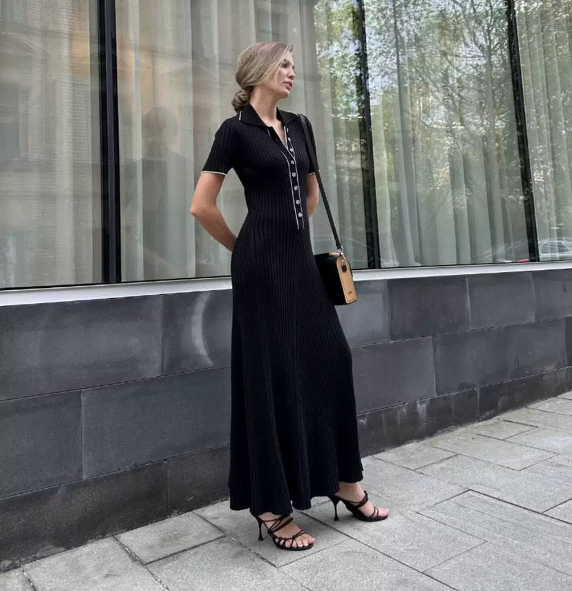 Slim Knit Lapel Collar Elegant Knitted Dress