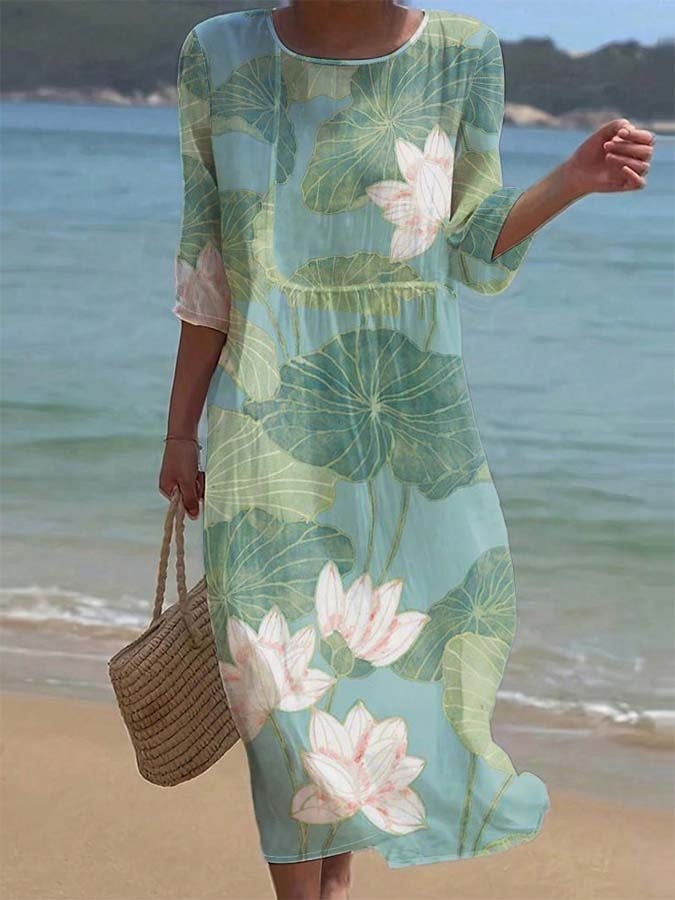 Women's Summer Loose Round Neck Fashion Long-sleeved Dress