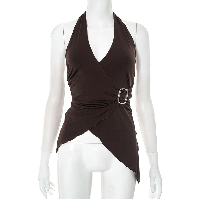 Women's Summer Solid Color Sleeveless Sexy Halter Women's T-shirt