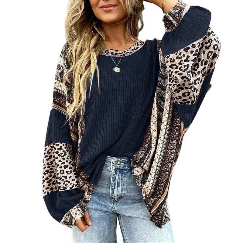 Women's Contrast Color Striped Round Neck Sleeve Tops