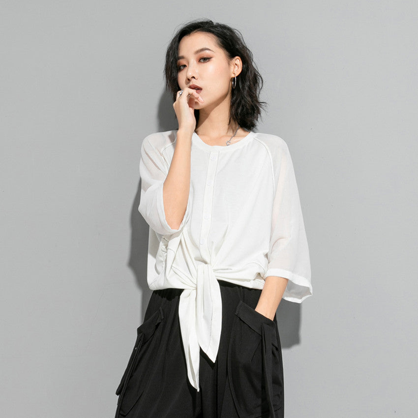 Women's Dark Cold Summer Wind Chiffon Stitching Cool Bow Loose Women's T-shirt