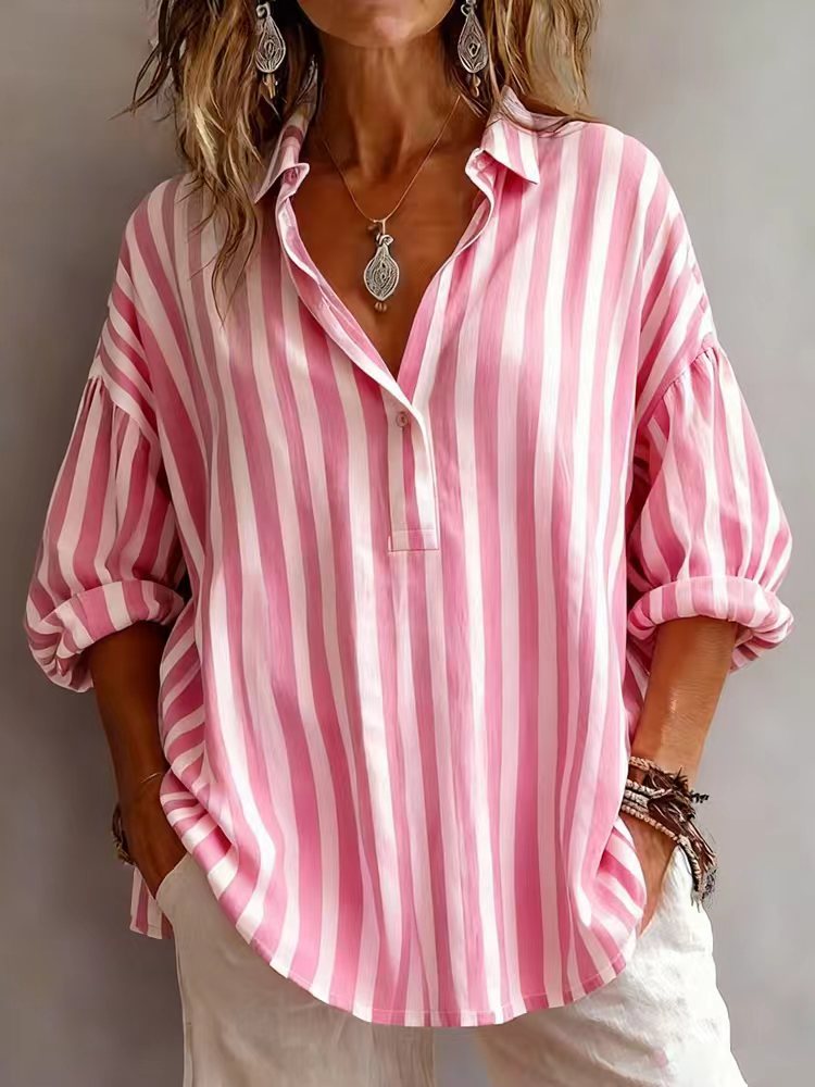Women's Spring Shirt Collar Long Sleeve Pullover Stripe Blouse