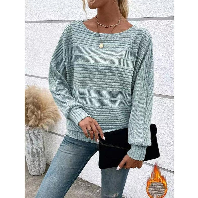 Women's Solid Color Striped Round Neck Splicing Pullover Women's Sweater