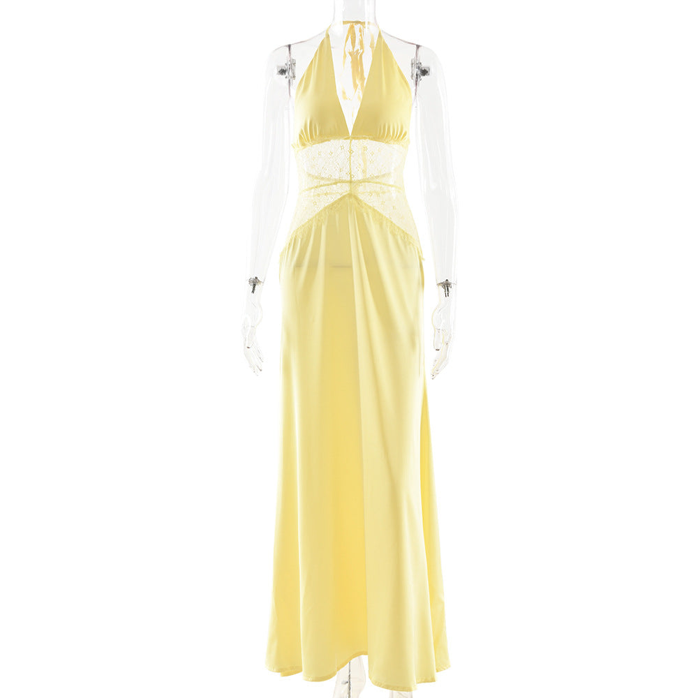 Summer Elegant Deep V Silky Satin Stitching Halter Dress