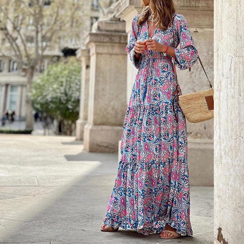Women's Printed Short-sleeved Girdle Large Long Style Dress