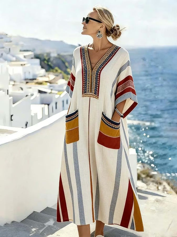 Digital Printed Sleeve Length Patch Pocket Kraft Dress