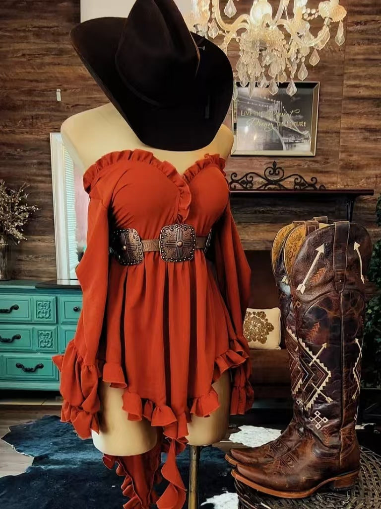 Women's Ruffled Floral Tassel Retro Western Style Solid Dress