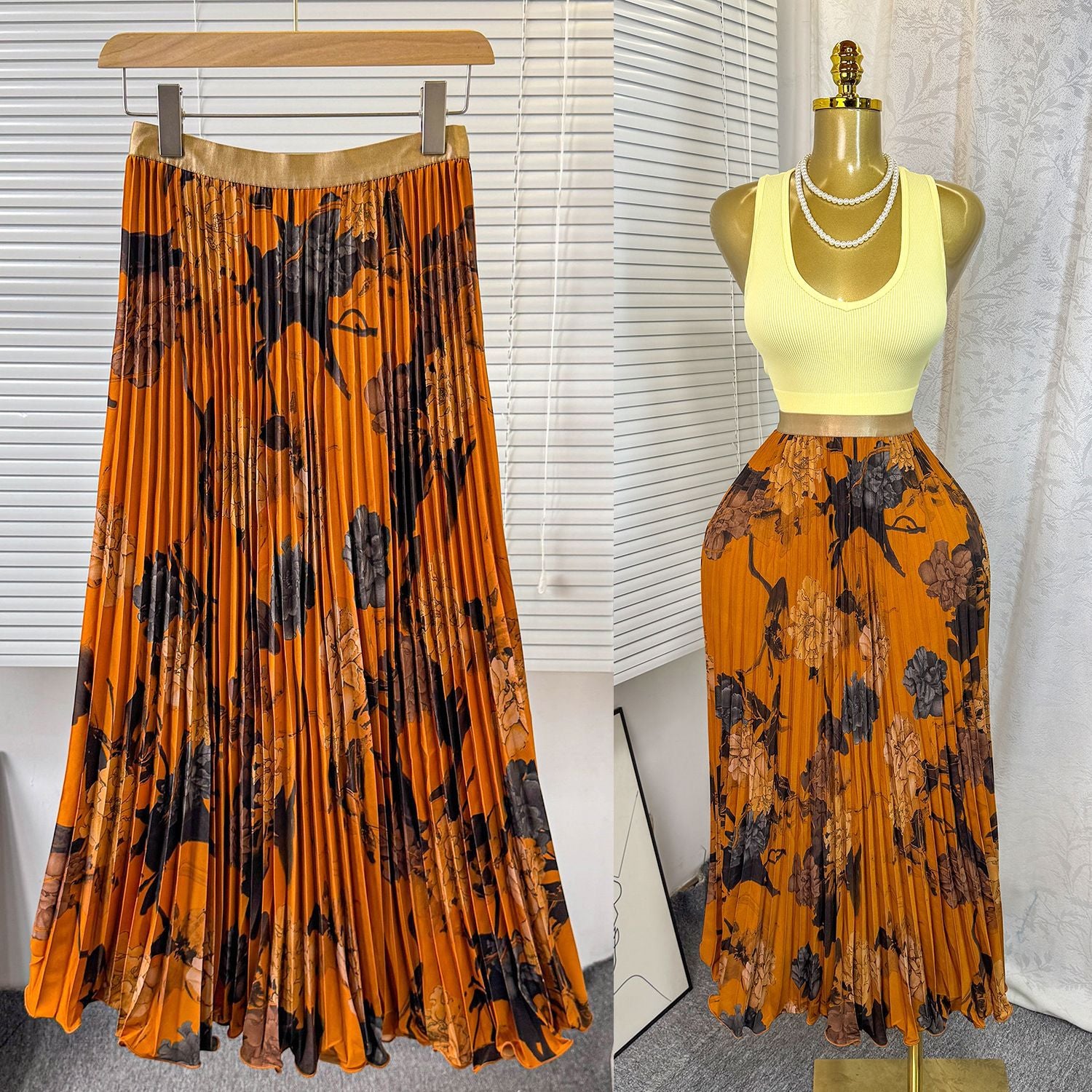 Women's Retro Printed High Waist A- Line Mid-length Pleated Large Hem Skirt