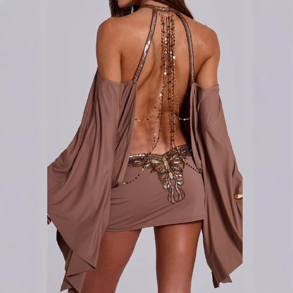 Women's Summer Sexy Hot Halter Backless Chain Decoration Dress