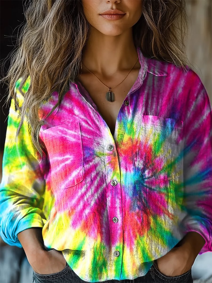 Women's Digital Printing Fashion Lapels Long Sleeve Blouse
