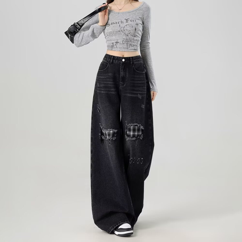 Women's Trade Retro Ripped Raw Hem Distressed Fashionable Casual Women's Jeans